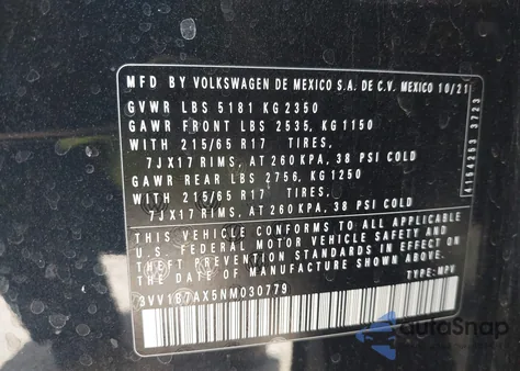 2022 Volkswagen Tiguan 2.0T S from USA, damaged, VIN 3VV1B7AX5NM030779